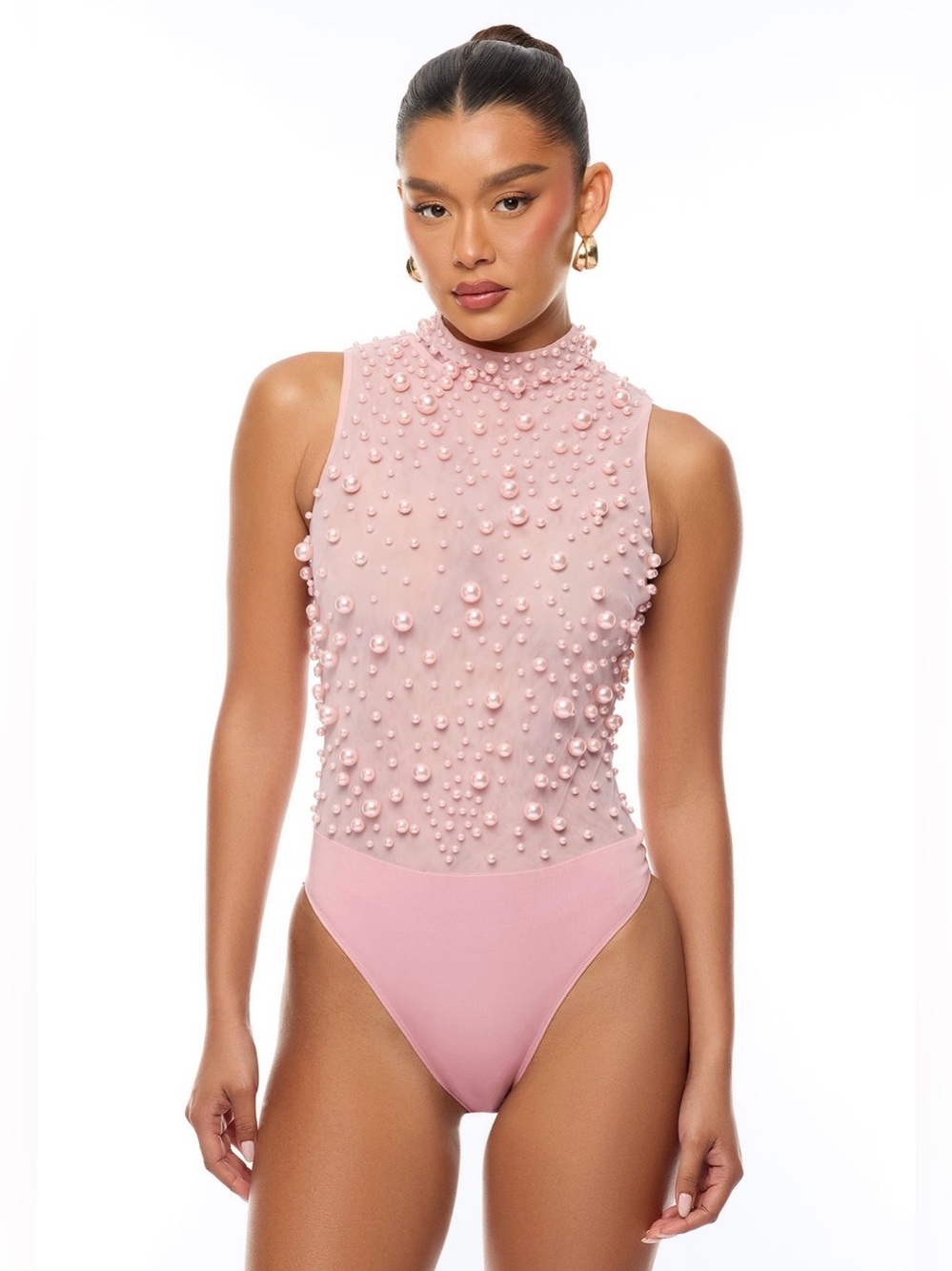 Pure Bliss Sheer Pearl Bodysuit - Embellished Pink Pearl Appliqué Bodysuit - S